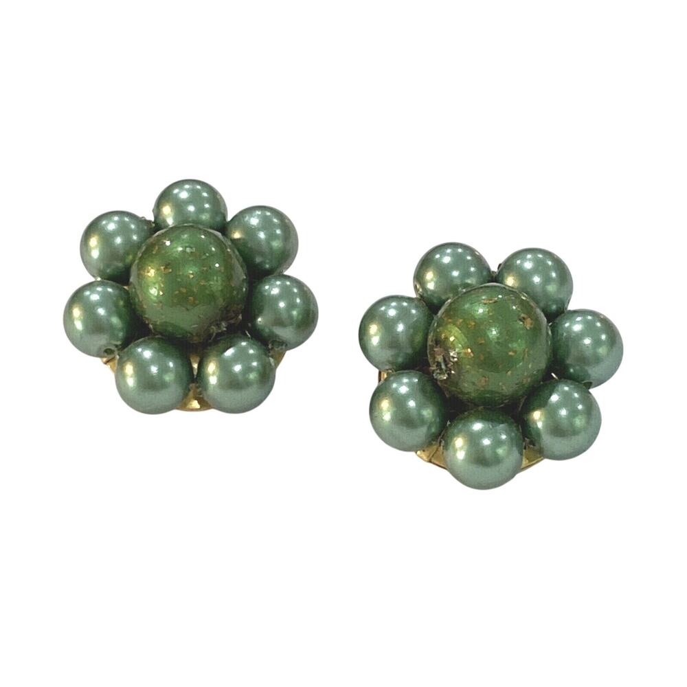 Vintage mid century clip on earrings green beaded bead clusters signed Hong Kong